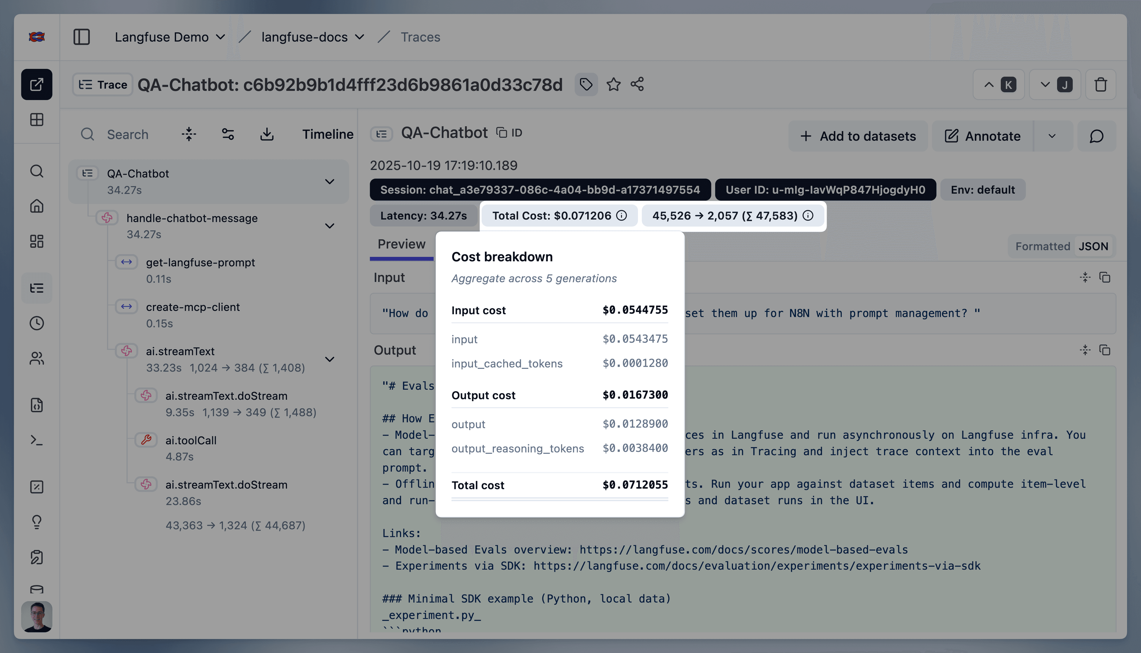 Model cost breakdown in Langfuse UI